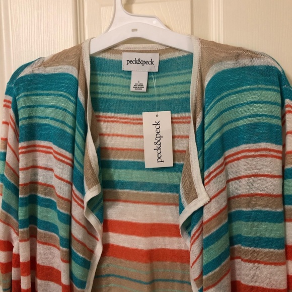 Peck & Peck Linen blend Teal,Aqua,White,Tan Fine Knit Open front cardigan - Picture 2 of 11